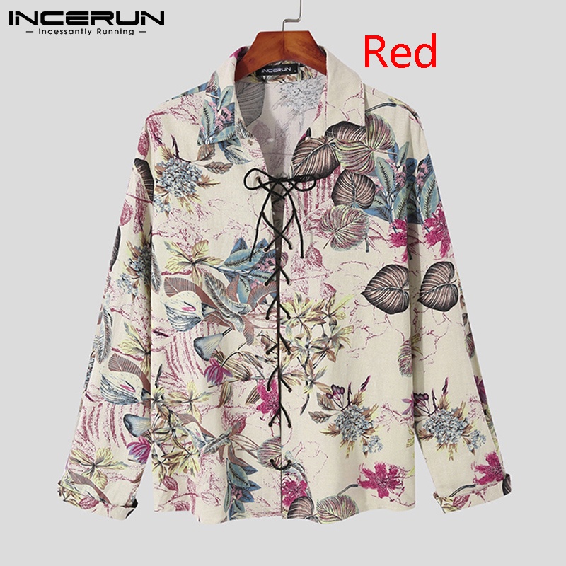 Áo sơ mi INCERUN từ cotton tay dài cổ thắt dây in hoa phong cách vintage tùy chọn màu sắc cho nam