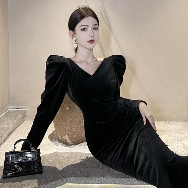 Áo Nhung Tay Dài Phồng Cổ Chữ V Thời Trang Retro Hàn Quốc