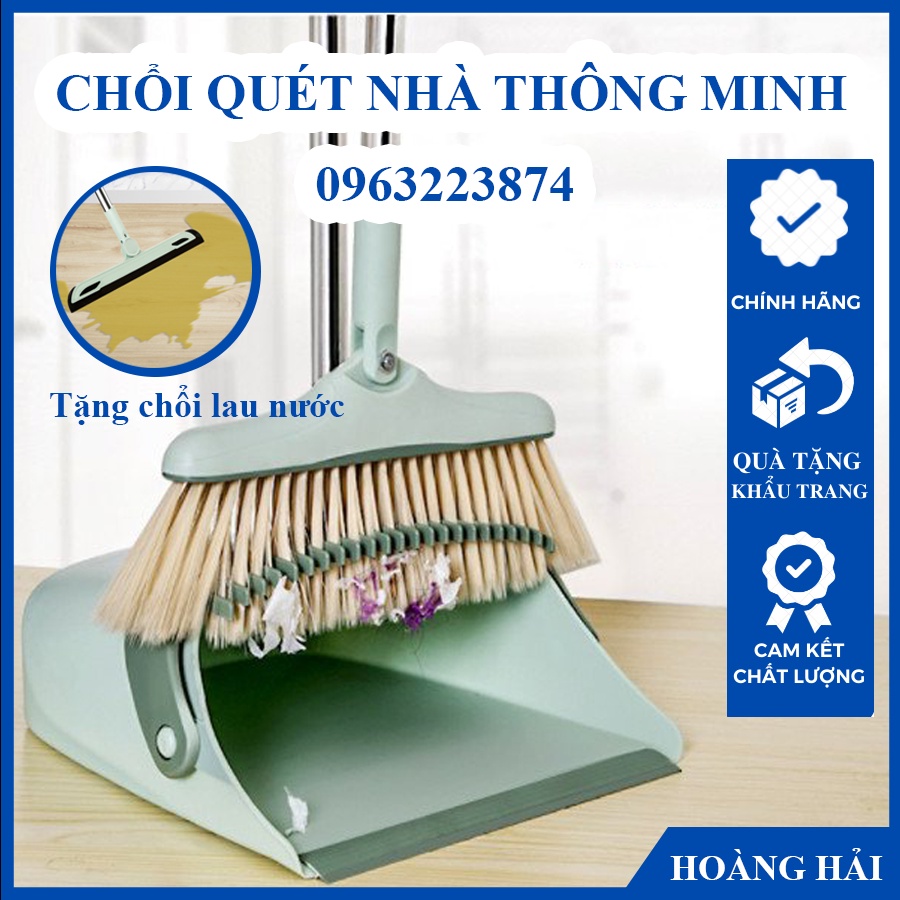 Chổi Quét Nhà Thông Minh 4 in 1 Chổi Nhựa + Gầu Hót Rác + Chổi đẩy nước Gấp Gọn [XOAY 180, LỌC LÔNG TÓC]