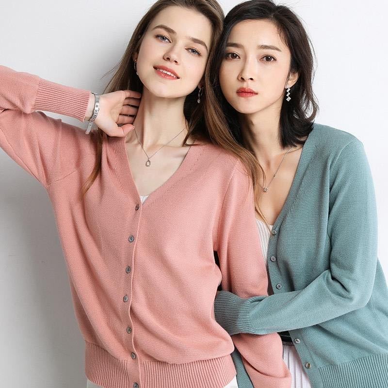 Áo Khoác Cardigan Dệt Kim Tay Dài Dáng Rộng Cổ Chữ V Màu Sắc Đơn Giản Cho Nữ