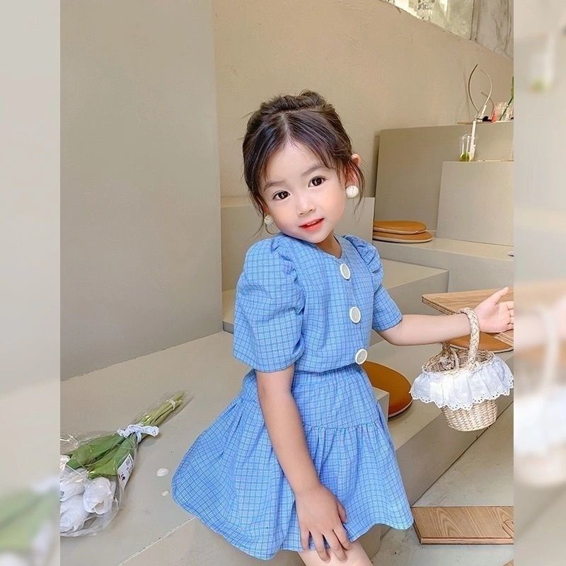 Set Áo Thun Ngắn Tay + Chân Váy Caro Thời Trang Cho Bé Gái