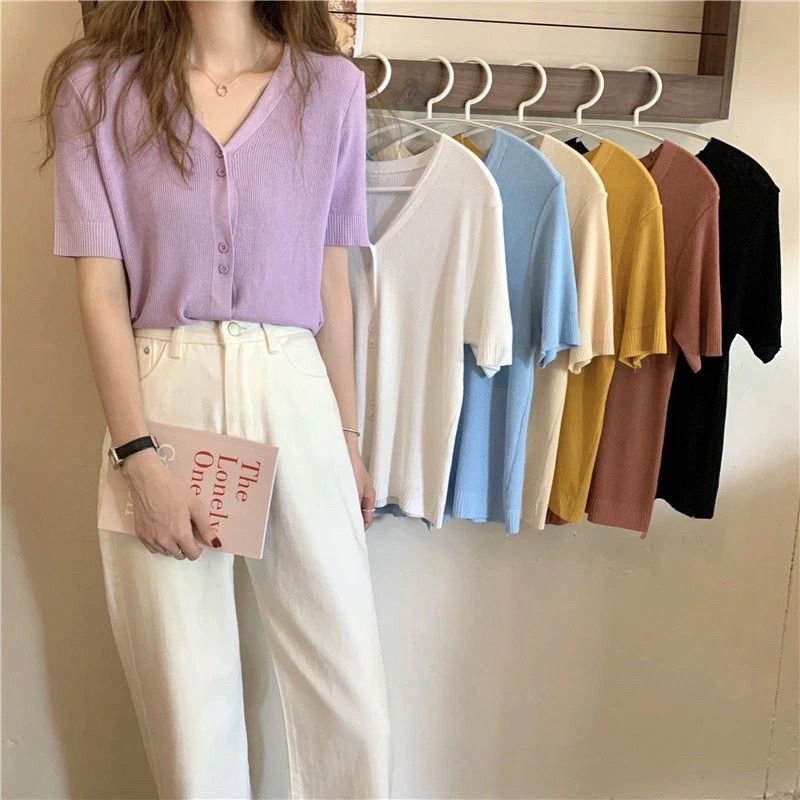 ✽✙Áo thun len nữ tay ngắn ulzzang cổ tim 8 nút vải mềm mịn