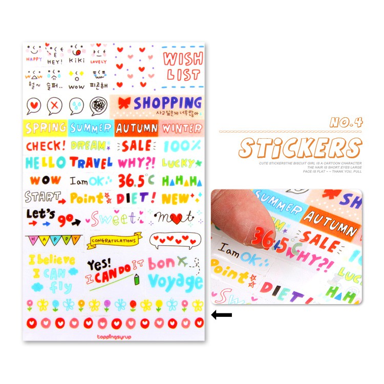 Bộ 6 tờ Sticker chữ, hình ngộ nghĩnh - Album DIY