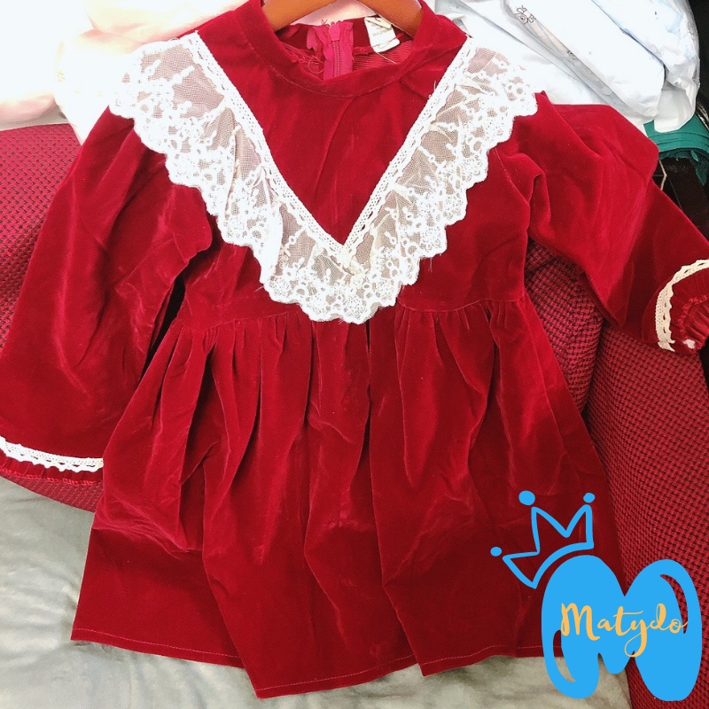 Váy đầm nhung đỏ xòe phối ren cho bé gái diện Noel và Tết váy tiểu thư cao cấp cho trẻ từ 10-18kg