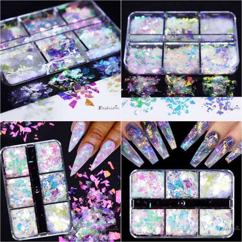 Khay 6 ngăn giấy thuỷ tinh trang trí Nail siêu sáng đẹp