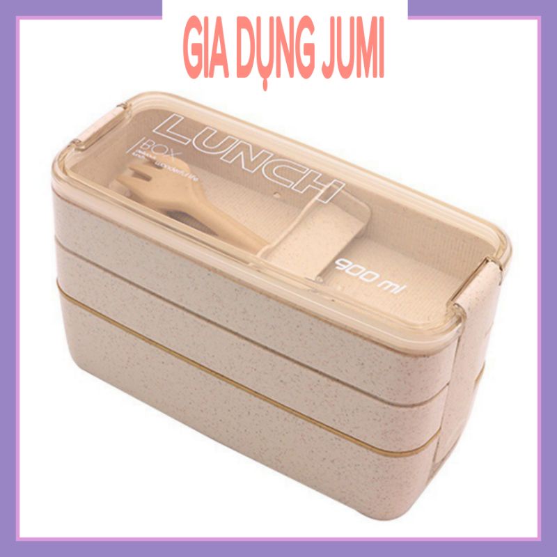 HỘP CƠM VĂN PHÒNG 3 TẦNG BẰNG NHỰA LÚA MẠCH KÈM THÌA DĨA