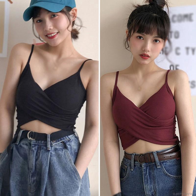 Áo Croptop Sát Nách Màu Trơn Thiết Kế Dây Đan Chéo Quyến Rũ