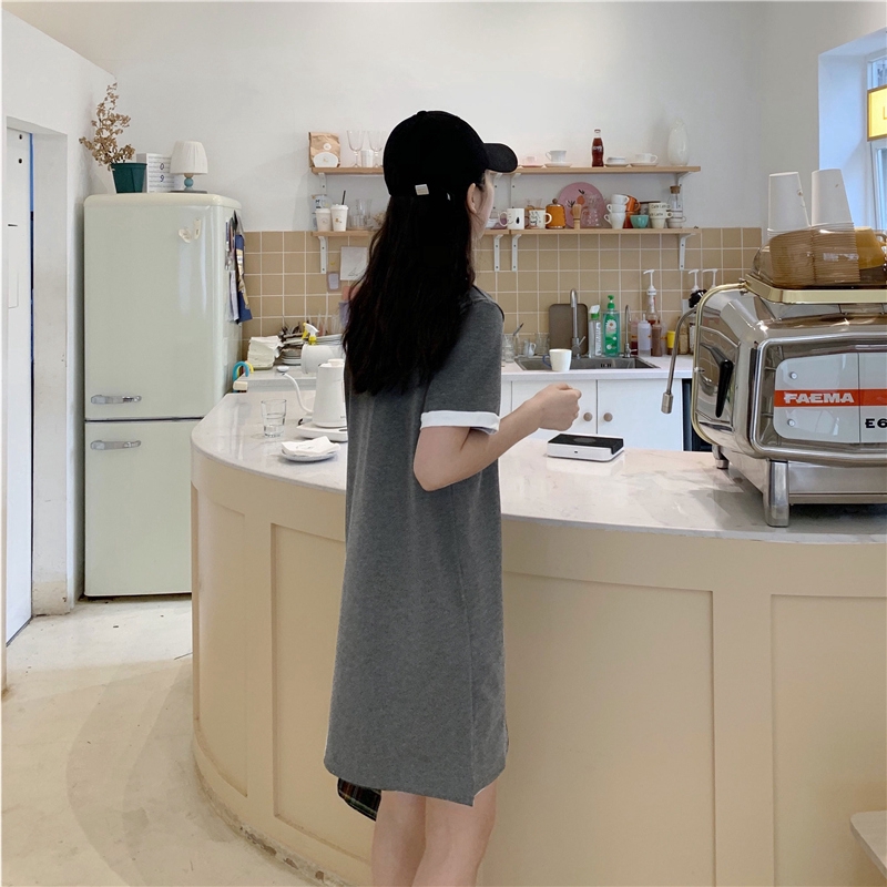 SUXI Đầm thun ngắn tay màu trơn phối khóa kéo phong cách trẻ trung năng động cho nữ