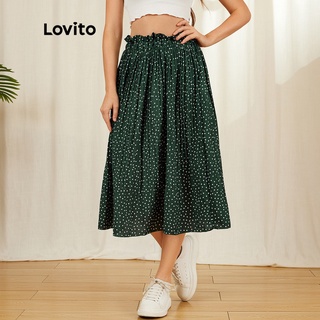 Chân váy Lovito cạp nhún xòe xếp ly họa tiết chấm bi phong cách vintage L18X460 (Đen/ Xanh lá cây)