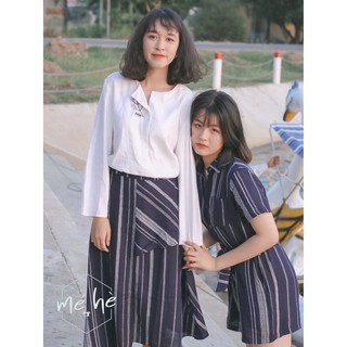 Chân váy linen sọc phối mảnh