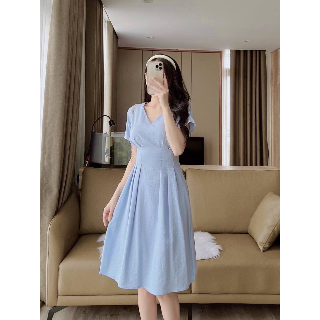 Váy Đầm Midi Cổ Xẻ Chiết Eo  du lịch váy đi biển đi tiệc Thiết Kế Thanh Lịch Nữ Tính 98.STUDIO V2