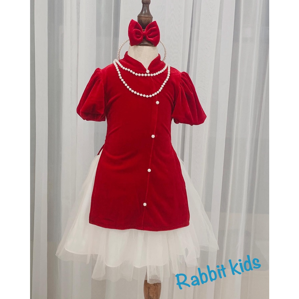 Áo Dài Cách Tân Cho Bé FREESHIPTặng Bờm Nhung - Đầm Tết Bé Gái – Váy Trẻ Em Nhung Đỏ Hàng Thiết Kế Cao Cấp