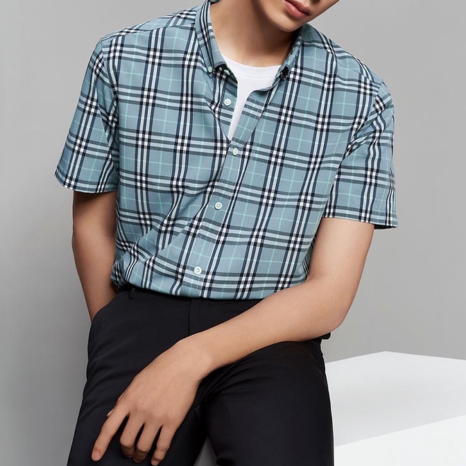 HLA - Áo Sơ Mi Nam Ngắn Tay Phối Sọc Caro Contrasting Plaid Short Sleeve Casual Shirt