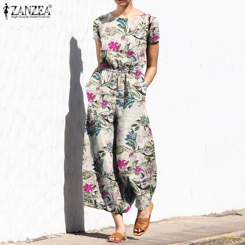 Áo liền quần ZANZEA tay ngắn ống rộng in họa tiết hoa phong cách vintage thời trang cho nữ