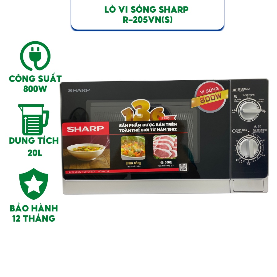 Lò vi sóng Sharp R-205VN(S) dung tích 20 lít - Hàng chính hãng