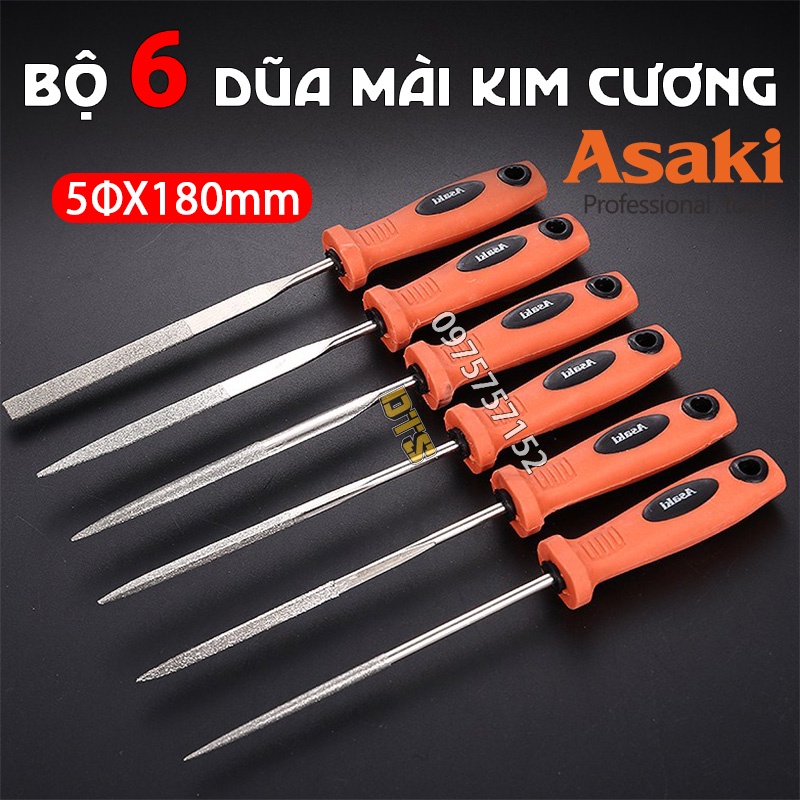 Bộ dũa kim cương mài kim loại 5x180mm Asaki AK-3903 bộ 6 giũa mài đa năng thép carbon T2 chống mài mòn, dũa mini cao cấp