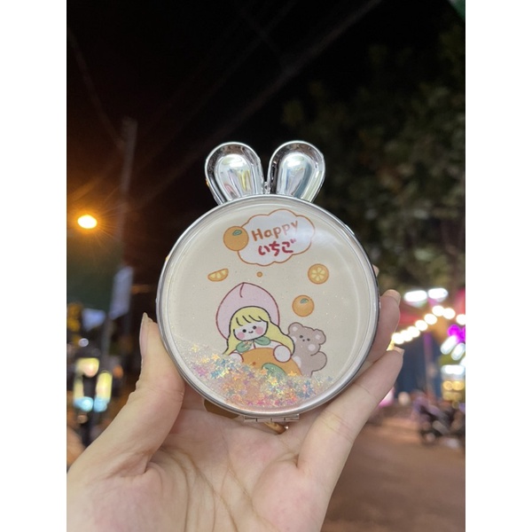 Gương cầm tay mini  hình  tai thỏ nhũ kim tuyến