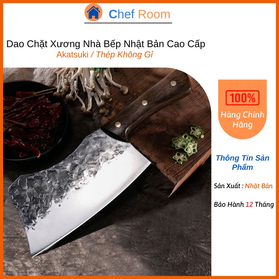 Dao Bếp Chặt Xương Cao Cấp AKATSUKI Nhật Bản Nặng 500G Họa Tiết Vân Búa Thép Nguyên Khối Chống Gỉ 5Cr15Mov
