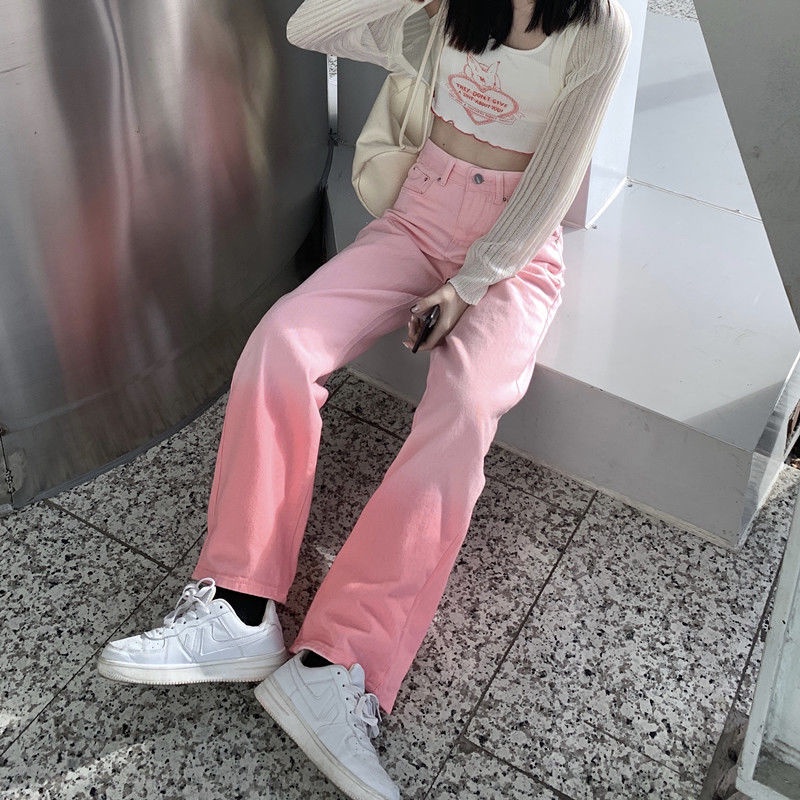 Quần Jean Ống Rộng Lưng Cao Màu Hồng Gradient Thiết Kế Mới Thời Trang Mùa Xuân Dành Cho Nữ
