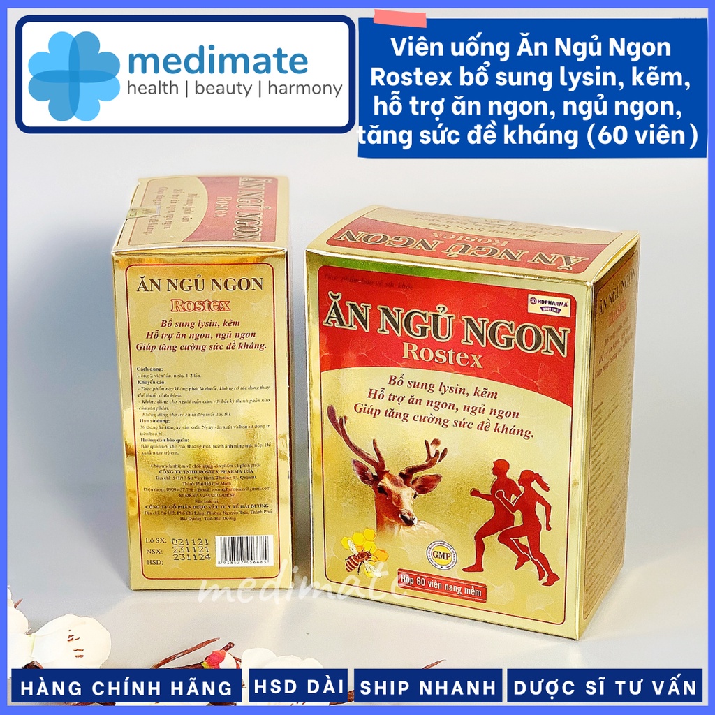 Viên Ăn Ngủ Ngon Rostex bổ sung lysin, kẽm giúp ăn ngon, ngủ ngon, tăng sức đề kháng (Hộp 60 viên)