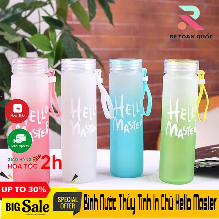 Bình Nước Thủy Tinh In Chữ Hello Master 400ML có dây xách-Bình Nước Thủy Tinh Hello Master (Màu ngẫu nhiên)