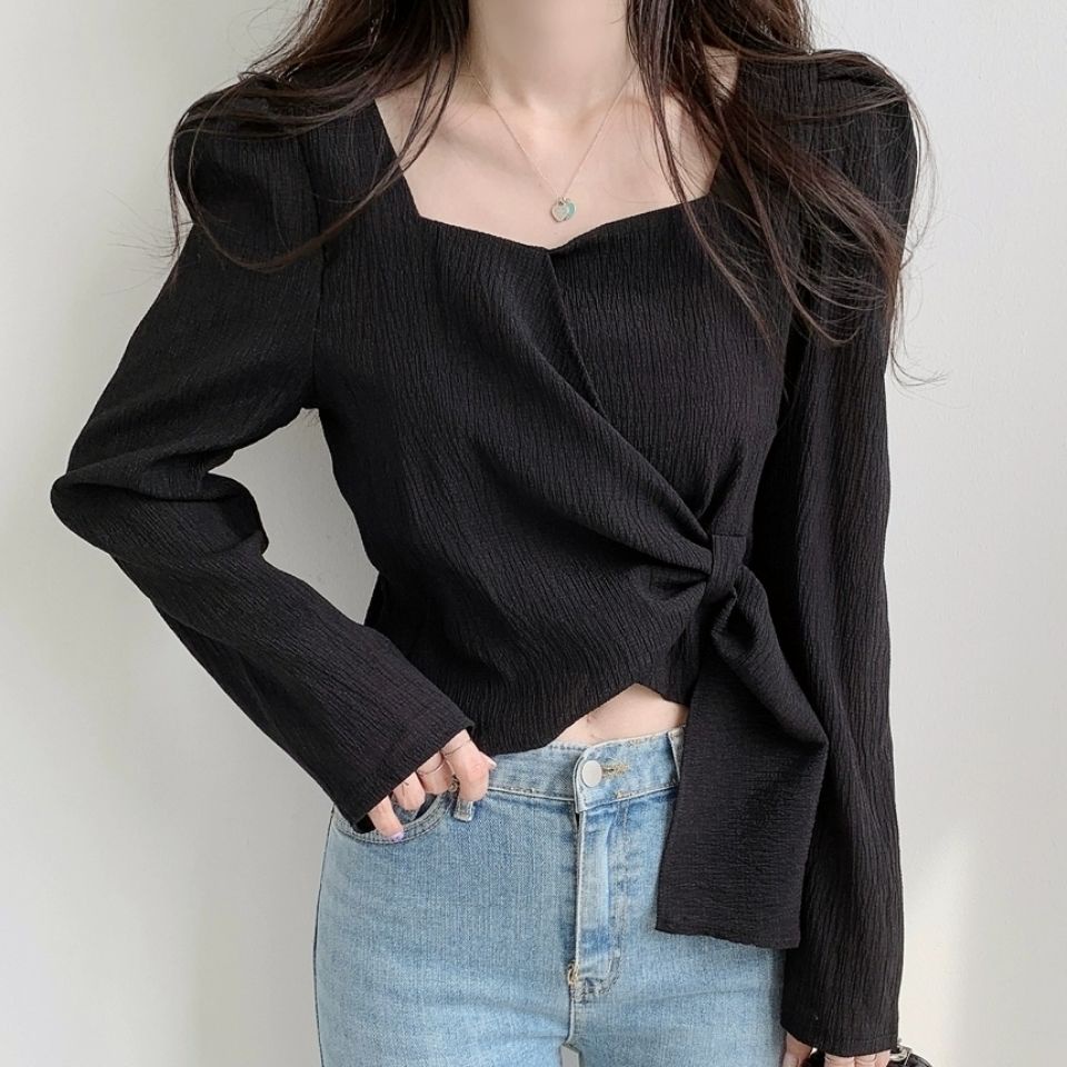 Áo Sơ Mi Tay Dài Dáng Rộng Cổ Vuông Thiết Kế Độc Đáo Phong Cách Hàn Quốc Thời Trang Cho Nữ