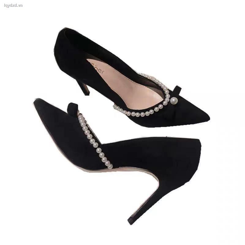 Giày cao gót mũi nhọn đính ngọc trai giả sang trọng cho nữ