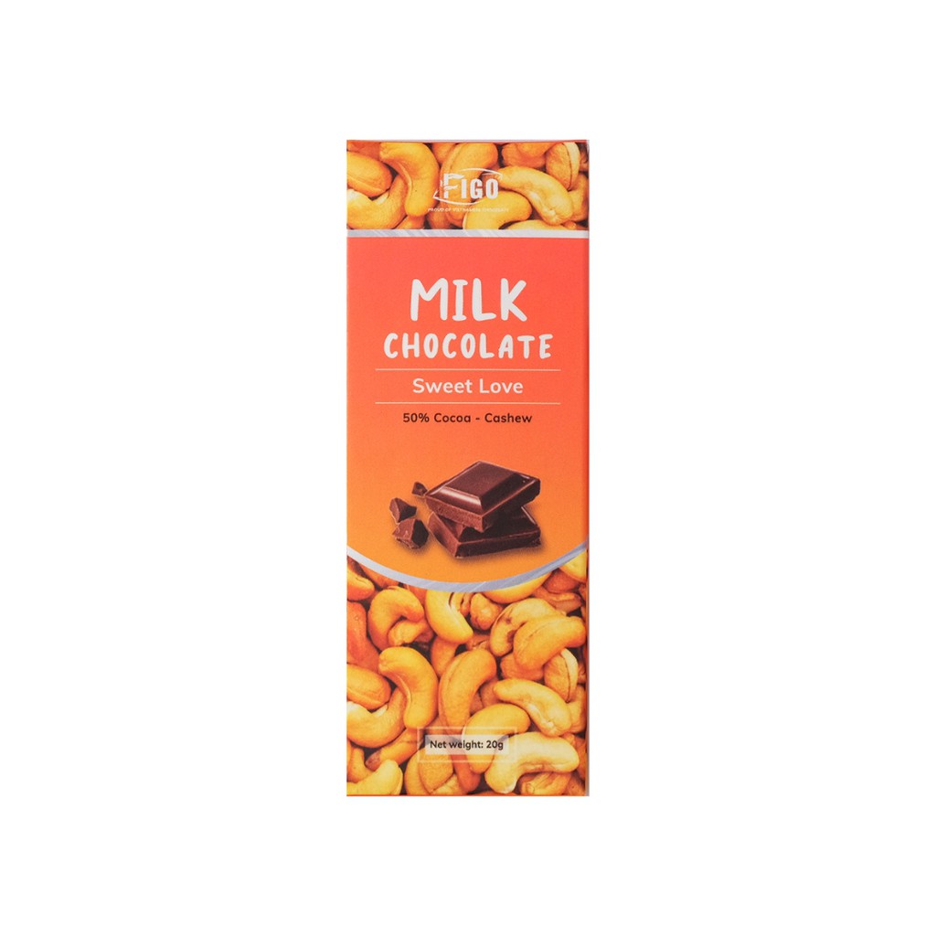 [ĂN LÀ NGHIỆN] SOCOLA SỮA NHÂN HẠT ĐIỀU 50% CACAO FIGO 20G