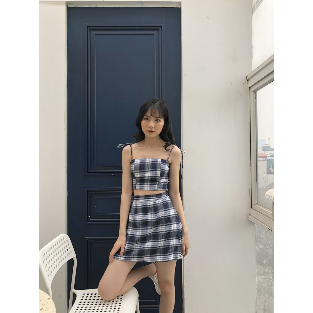 (có đệm ngực) SET ÁO CROPTOP 2 DÂY CARO THẮT NƠ MIX CHÂN VÁY KẺ CHỮ A ULZZANG -(Sắn)