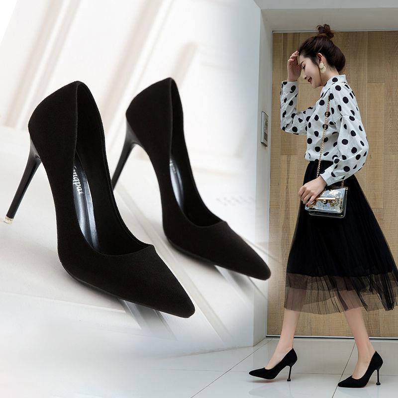 Black Suede High Heels Women Stiletto Etiquette Shoes 2021 Fall/Winter 5Cm All-Match Pointed Toe Shoes Formal Work Shoes