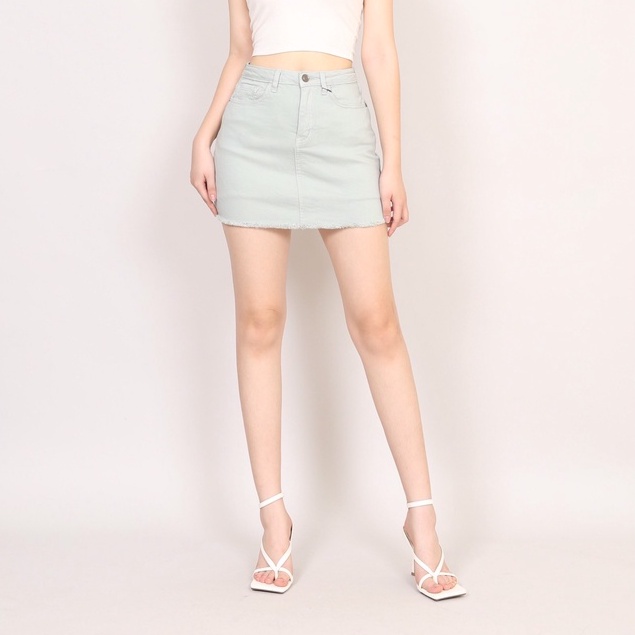 Quần Váy Jean Nữ Dáng A  Xanh Ngọc Trơn Gấu Tua co giãn CT Jeans