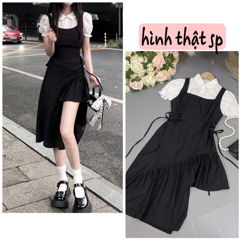 Set bộ váy yếm 2 món: áo sơ mi + váy đầm eo đan dây cá tính