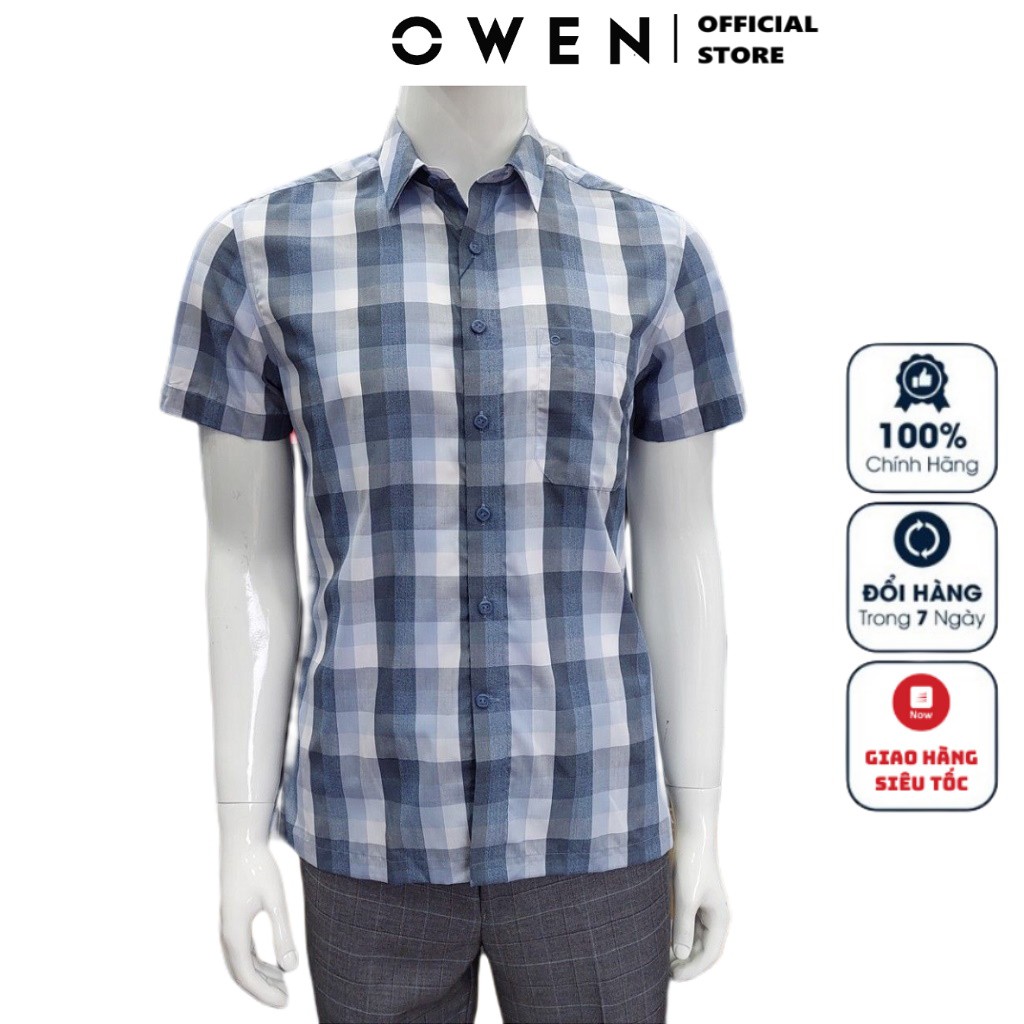 Áo Sơ Mi Nam Ngắn Tay Owen BA22940NT Cộc Tay Công Sở Cao Cấp Màu Kẻ Caro Xanh Trắng Xám Vải Lô Hội Dáng Body Fit Tà Bằng