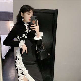 Sườn xám ulzzang vạt bèo xẻ tà