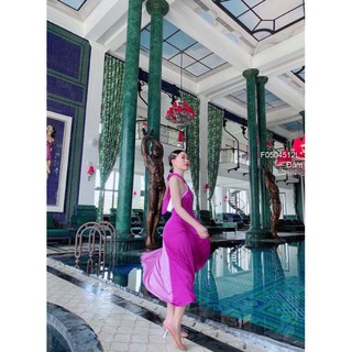 Đầm maxi dập ly phối màu cổ yếm hở lưng!