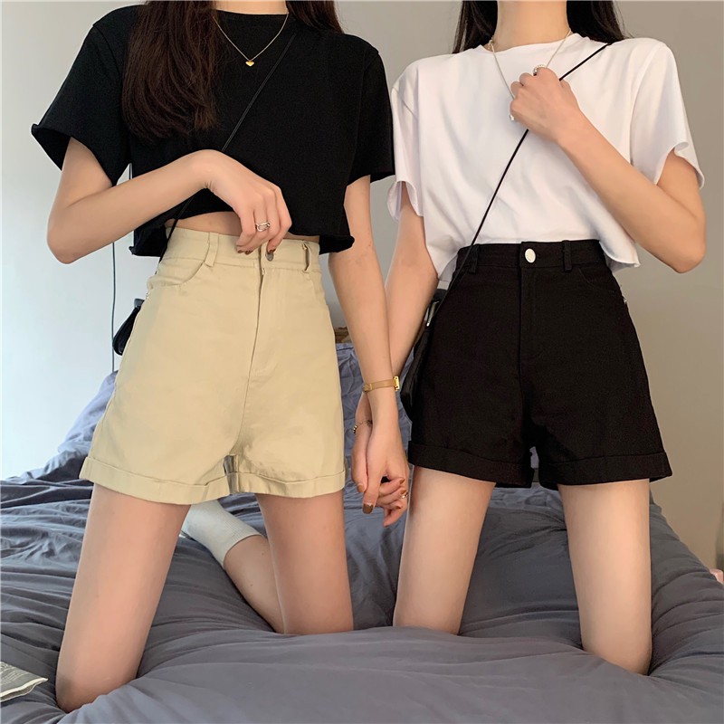 Quần ngắn Xiaozhainv cạp cao ống rộng phong cách Hàn Quốc | BigBuy360 - bigbuy360.vn