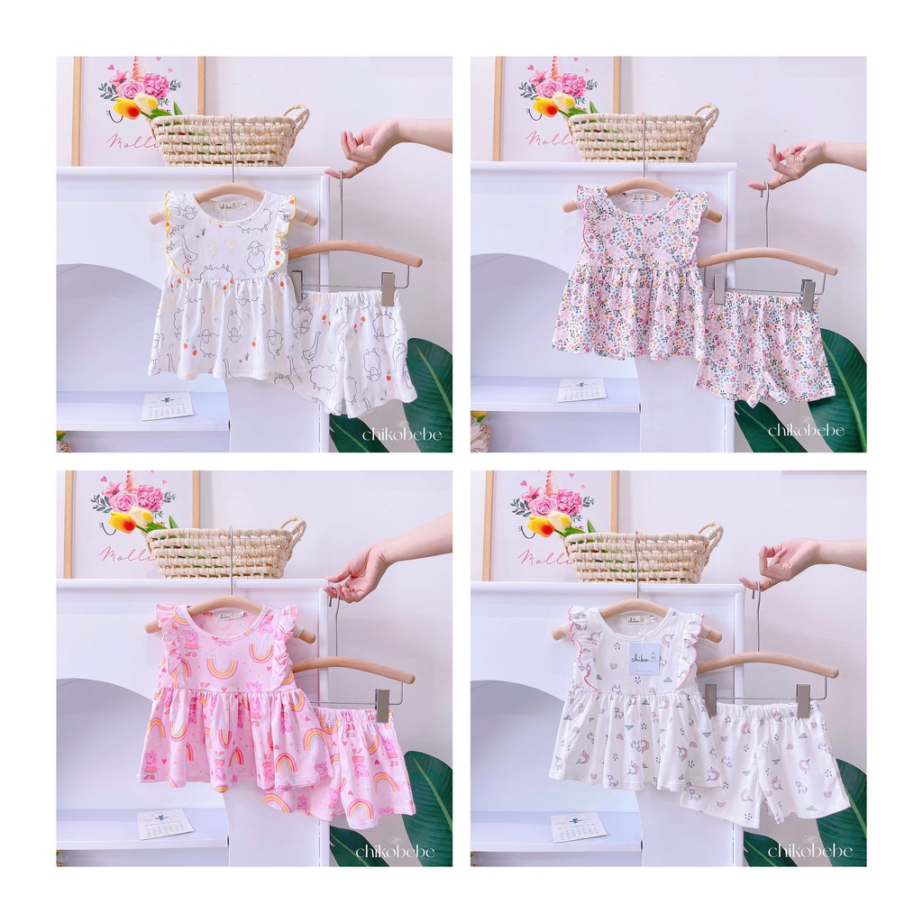 (9-21kg) Bộ thun Chikobebe đùi vai bèo nhún họa tiết siêu xinh cho bé gái (ảnh thật)