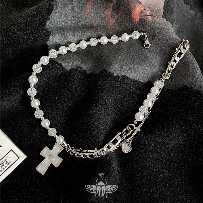 Vòng cổ Chuỗi Ngọc Trai Mặt Thánh Giá Sang Trọng Phong Cách hip hop