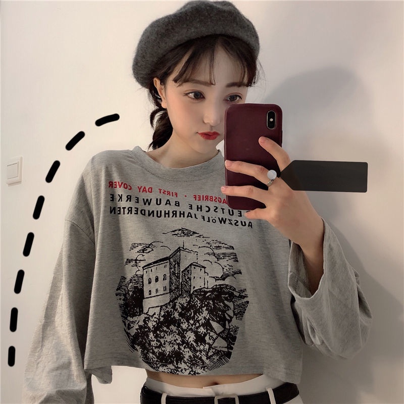 Áo Thun Lửng Tay Dài In Chữ Phong Cách Hàn Quốc Dành Cho Nữ