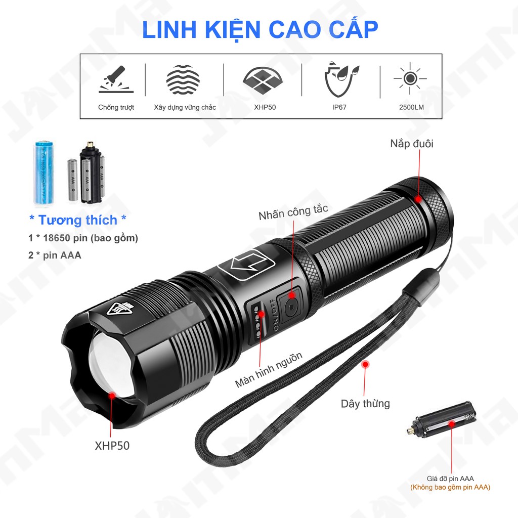 Đèn pin Xhp50 không thấm nước pin 18650 có thể sạc lại qua USB | BigBuy360 - bigbuy360.vn