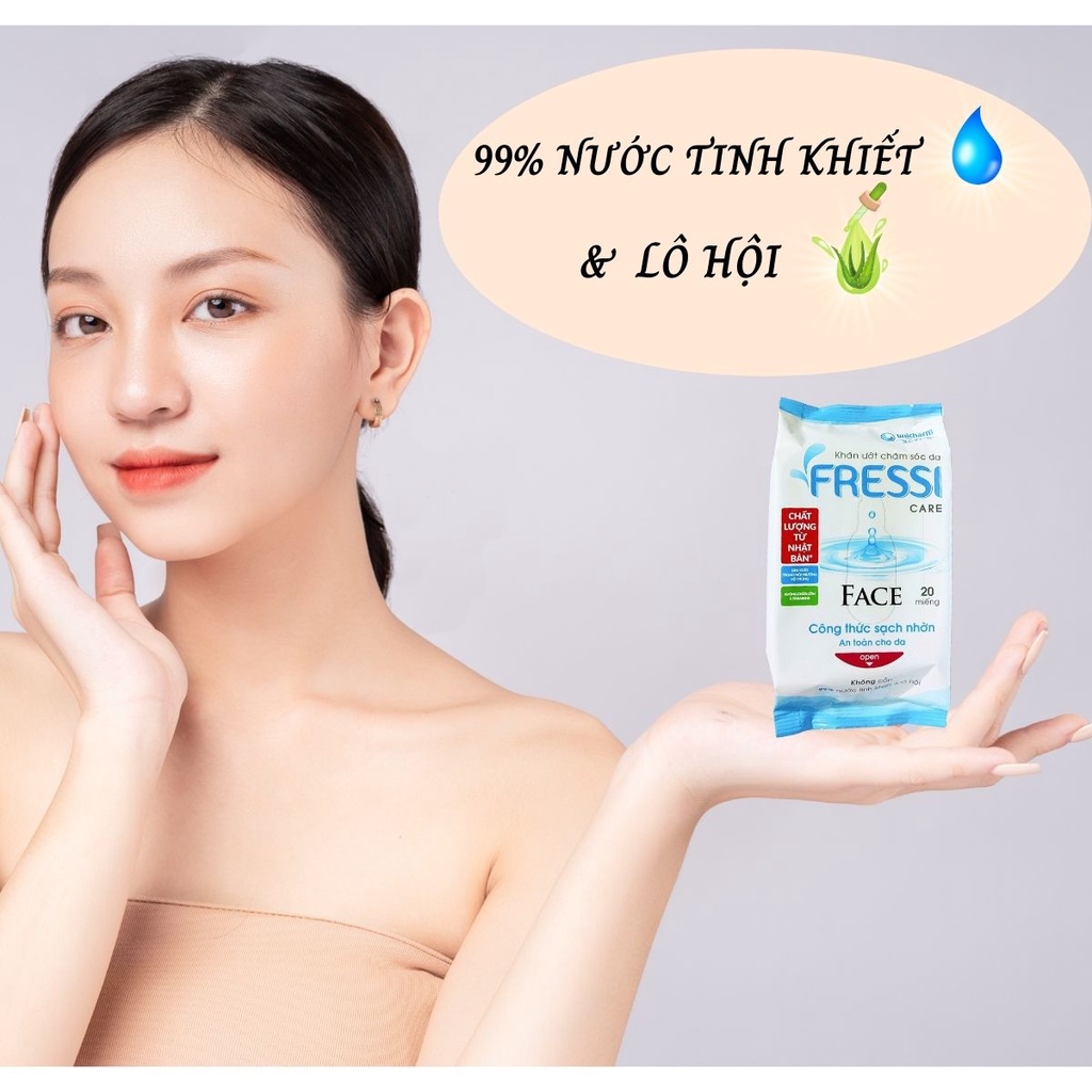 Khăn ướt mini Unicharm Fressi Care chăm sóc da với công thức sạch nhờn, không chứa cồn, chất lượng từ Nhật Bản, 20 miếng