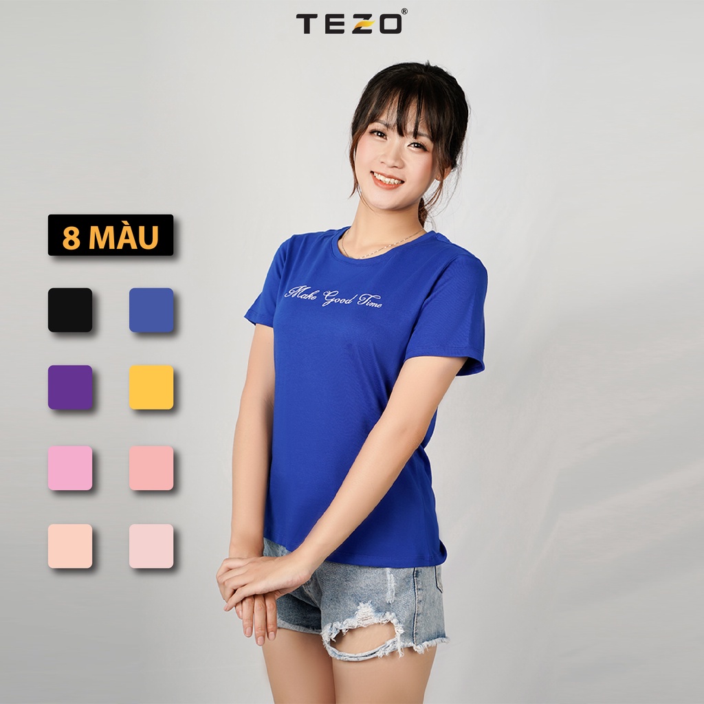 Áo phông nữ TEZO (8 màu) in chữ, chất cotton thấm hút mồ hôi, thoáng mát, áo thun cổ tròn thoải mái vận động 2105APKB03