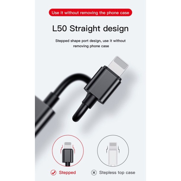 Bộ chuyển cổng lightning sang Audio 3.5+ lightning baseus L50 vừa sạc pin vừa nghe nhạc coa hỗ trợ micro/đàm thoại.