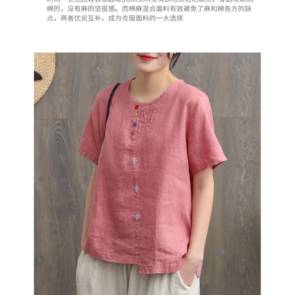 Áo Thun 35% Cotton Linen Tay Ngắn Dáng Rộng Thêu Họa Tiết Thời Trang Mùa Hè Kiểu Mới Cho Nữ