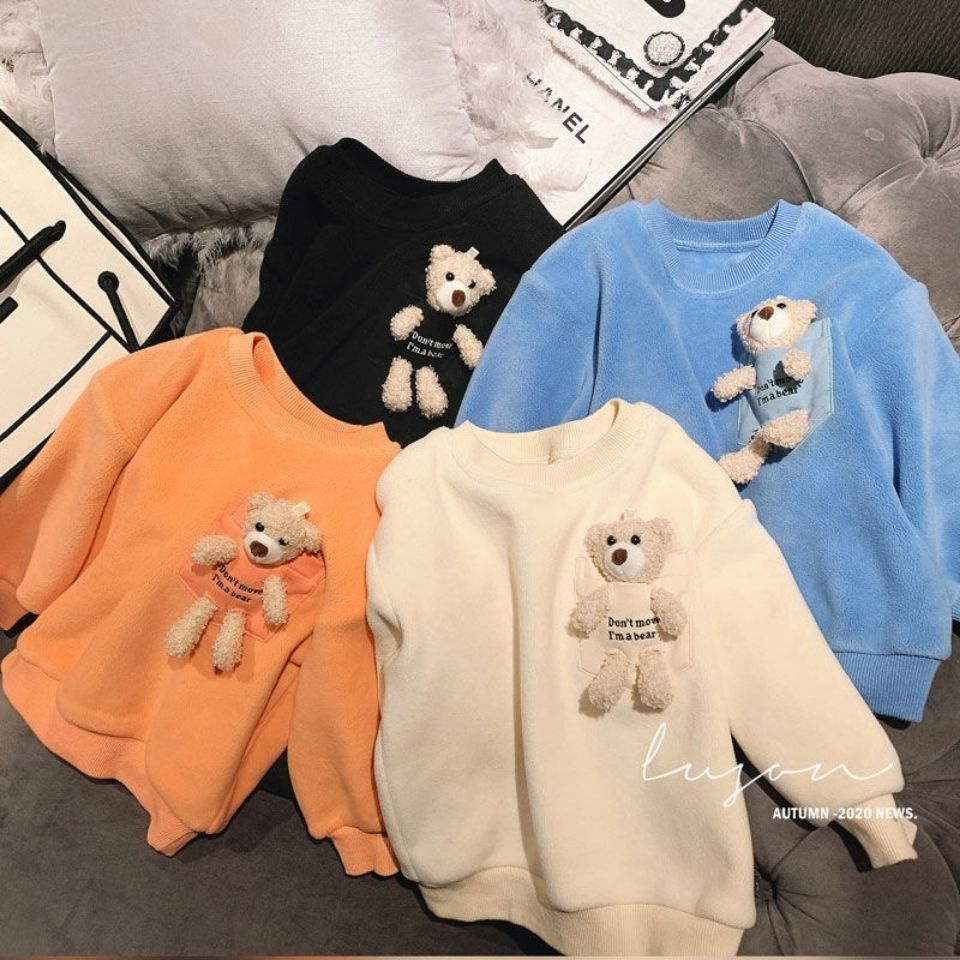 Áo hoodie dáng rộng cổ tròn gắn gấu bông phong cách phương tây thời trang dễ thương cho bé