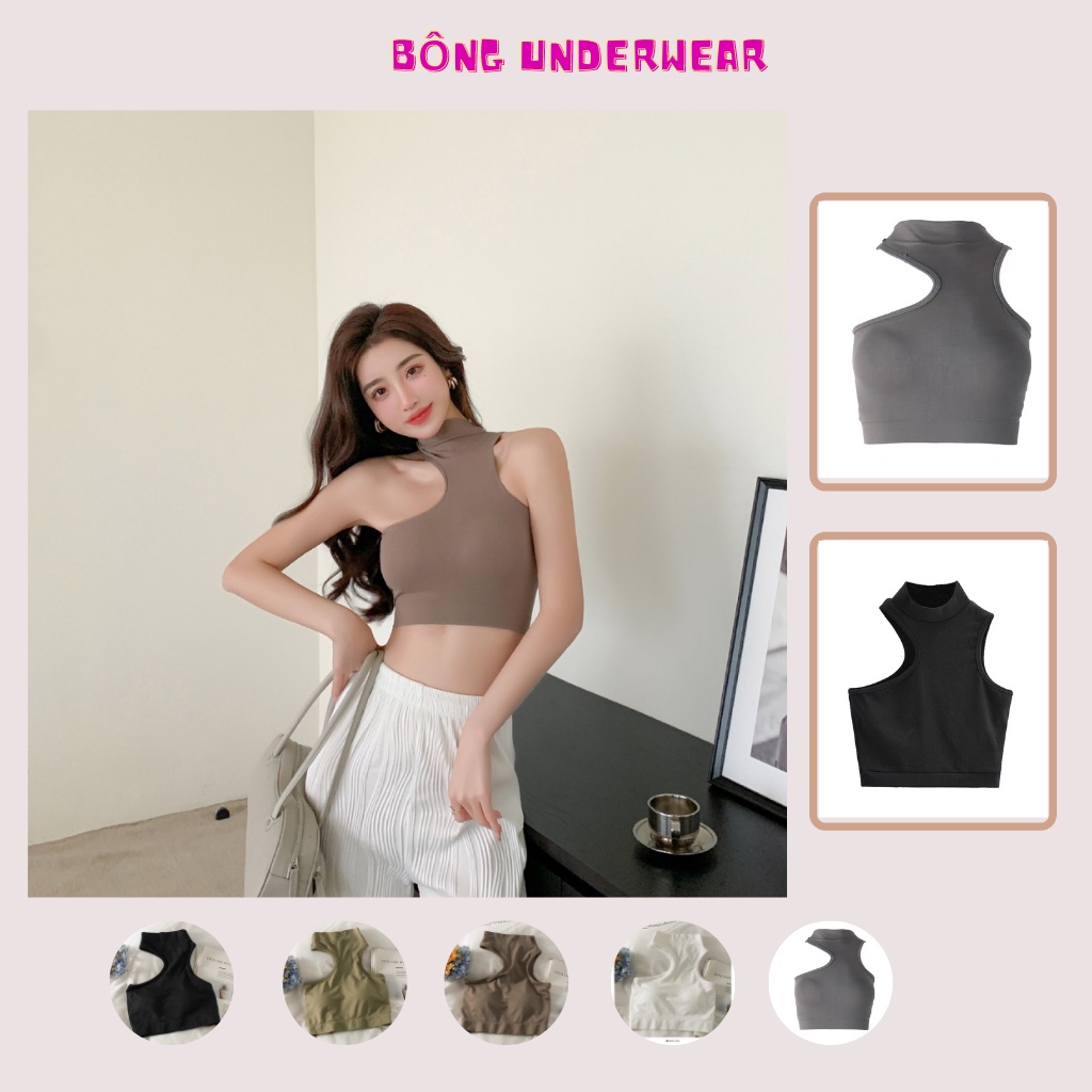 Áo bra tập gym, áo bra croptop nữ cổ lọ hở vai có mút nâng ngực freesize 40 - 60kg mã A2142