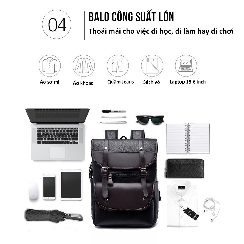 Balo da cao cấp nam nữ unisex Túi Bụi đi học, du lịch chất liệu da PU cao cấp ngăn để máy tính, laptop 15.6 inch