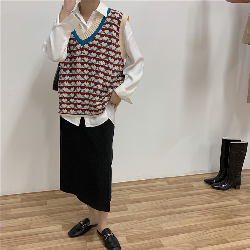 Áo Khoác Len Không Tay Cổ Chữ V Phong Cách Retro Cho Nữ