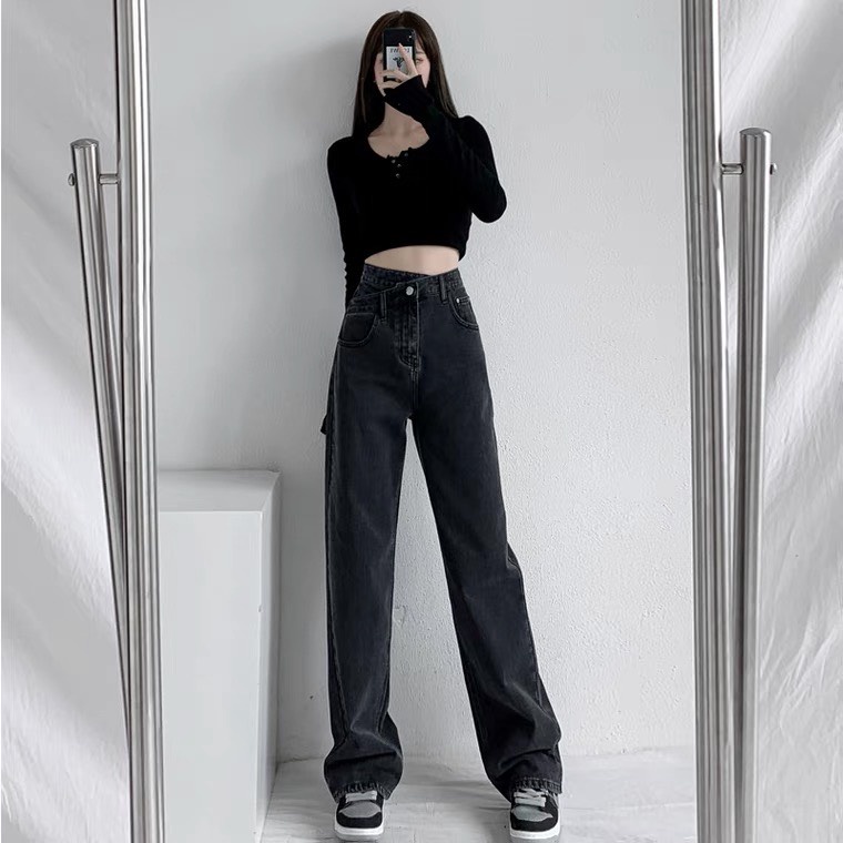 Quần jean nữ FLAKY SHOP cao cấp - Quần jean ống rộng dáng phối đai lạ mắt phong cách cá tính | BigBuy360 - bigbuy360.vn