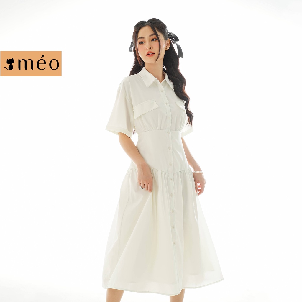 Đầm nữ Méo shop váy liền cổ sơ mi ngắn tay kẻ dáng xuông phong cách công sở Meila
